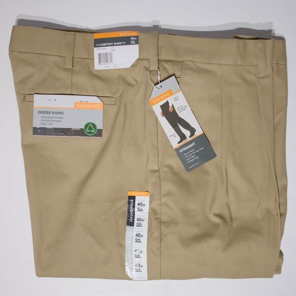 NWT Savane Elastic Comfort Waist Dress Khaki Pleated Cuffed Pants Men 40x32 (B5) - Picture 2 of 11